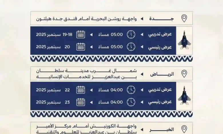مواعيد وأماكن العروض الجوية لسلاح الجو الملكي السعودي بمناسبة اليوم الوطني الـ95 في المملكة