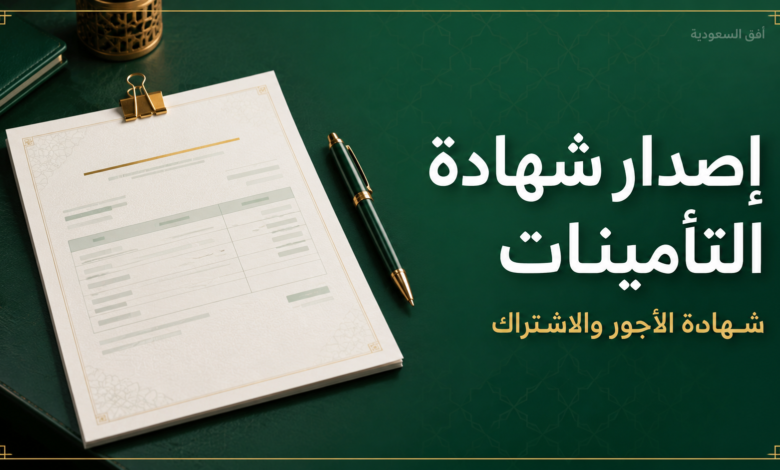 إصدار شهادة التأمينات: شهادة ورقية رمزية وقلم على خلفية خضراء وذهبية