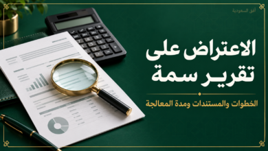 الاعتراض على تقرير سمة: مستند ائتماني وعدسة مكبرة وآلة حاسبة على خلفية خضراء