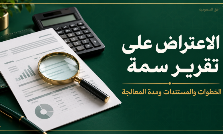 الاعتراض على تقرير سمة: مستند ائتماني وعدسة مكبرة وآلة حاسبة على خلفية خضراء