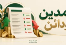مدين ودائن في كشف الحساب مع أسهم للمبالغ الداخلة والخارجة