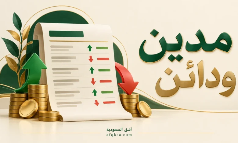 مدين ودائن في كشف الحساب مع أسهم للمبالغ الداخلة والخارجة